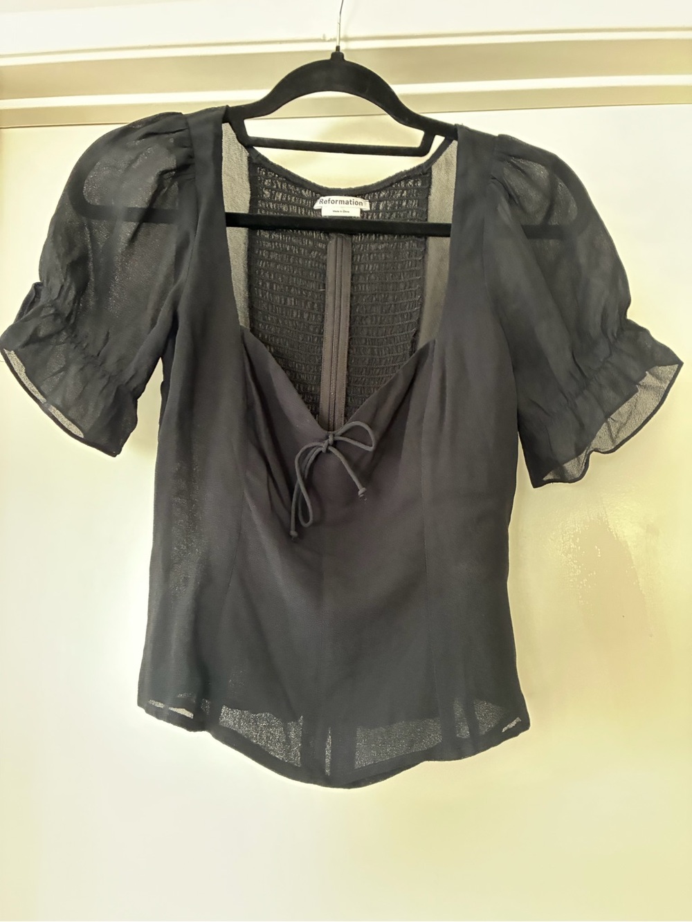 Reformation Black Sheer Puff-Sleeve Tie-Front Blouse